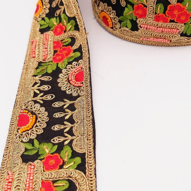 Black Art Silk Fabric Trim With Green, Orange, Red And Gold Floral Embroidery